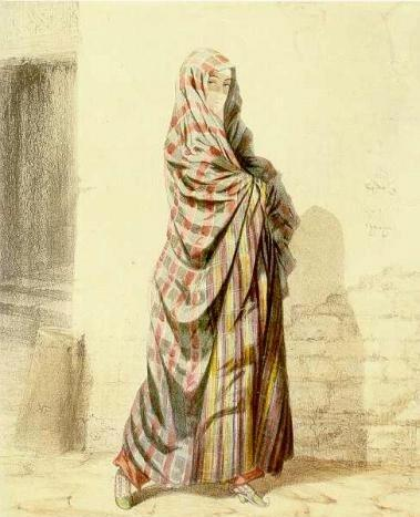 Çaxçur və çarşab geyinmiş bakılı qadın rəsmi<br> © Rus rəssam Qriqori Qaqarin, XIX əsr